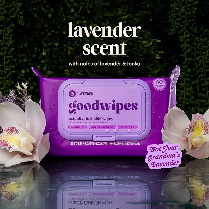 goodwipes Flushable Wipes - Lavender Wet Wipes for Adults, Sewer & Septic Safe, Guest Bathroom Essentials for Women & Men, pH Balanced & Extra Large, 153 Count (3 Packs and 3 Singles)