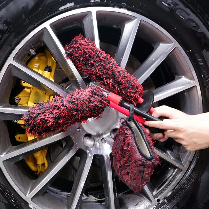 oesee Metal Free Microfiber Wheel Brush Kit- Microfiber Angled Wheel Brush, Long Handle Wheel Brush, Tire& Detailing Brush, Wheel Wash Mitt. Hands-On Wheel Detailing Kit for Daily Wheel Cleaning