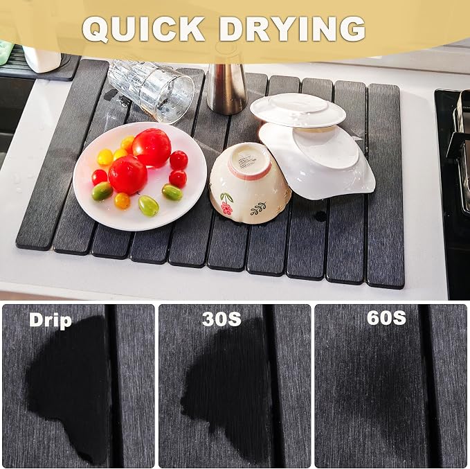 Stone Drying Mat for Kitchen Counter, 24"L x 16" W Quick Stone Dish Drying Mat Diatomaceous Earth Super Fast Absorbent Collapsible Countertop Kitchen Mats Grey