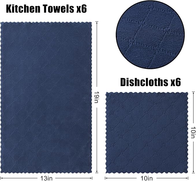 Homaxy Kitchen Towels and Dishcloths Set, 10 x 10 and 13 x 19 Inches, Set of 12 Super Soft and Absorbent Coral Velvet Kitchen Towels, No Lint and Nonstick Oil Fast Drying Dish Towel, Navy Blue