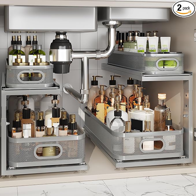 2 Pack 21IN-Depth Under Sink Organizer With Next-Gen Ball-Bearing Slides,2-Tier Precision Mesh Pull Out Cabinet Storage for Bathroom&Kitchen,Height Adjustable Drawers Shelf,Anti-rust-Grey