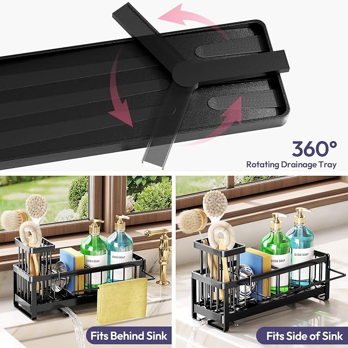 SWTYMIKI Sponge Holder for Kitchen Sink - Sink Caddy with Brush Holder Self-draining Sponge Caddy Organizer with Divider Stainless Steel Kitchen Accessories Storage for Countertop, Black - Large