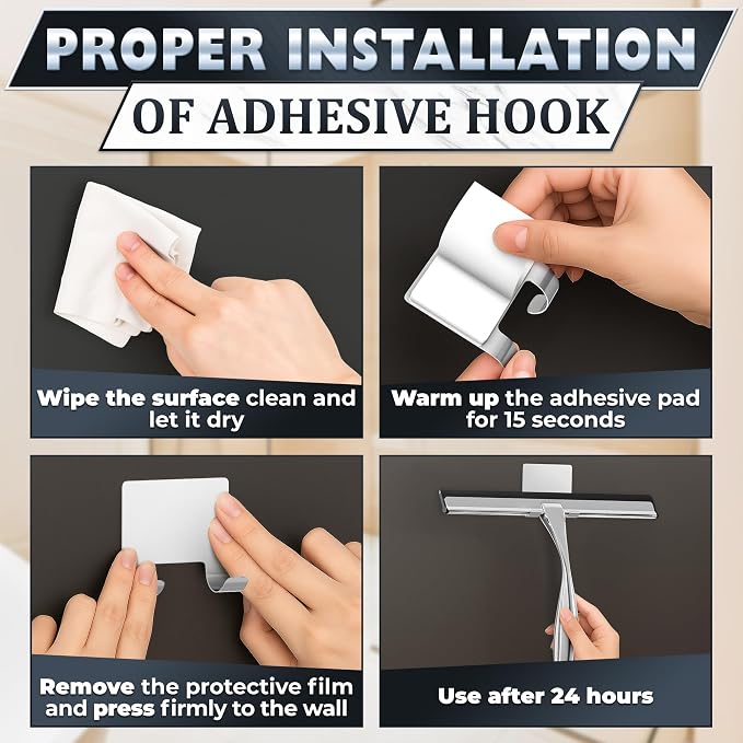 Shower Door Squeegee with Hook, 10" Silicone Blade, Steel (Silver) | Squeegee for Shower Glass with Adhesive Mount; All-Purpose Bathroom Tile, Mirror, & Window Wiper for Streak-Free Cleaning