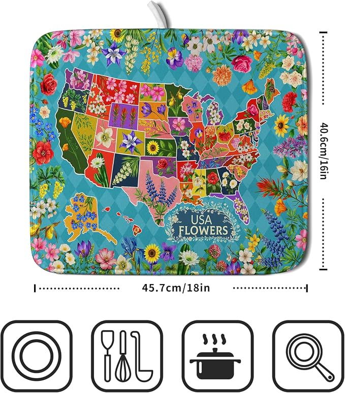 Flower Map Dish Drying Mat American Floral Decoration Coffee Mat for Kitchen Counter