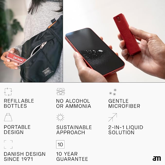 am Mist Screen Cleaner Spray with Microfiber Cloth – Alcohol-Free, Gray | Mist screen cleaner with integrated microfiber cloth for phones, tablets, laptops, TVs and car displays.