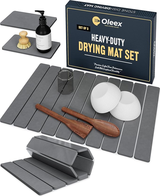 Oleex 3-Pack Stone Dish Drying Mat Set Includes 1 Large 24”x16” & 2 Small 4”x9” for Kitchen Counter-Collapsible Diatomaceous Earth Pad Absorbs Water & Dries Dishes Fast, Non-slip, Odor-Resistant Mats