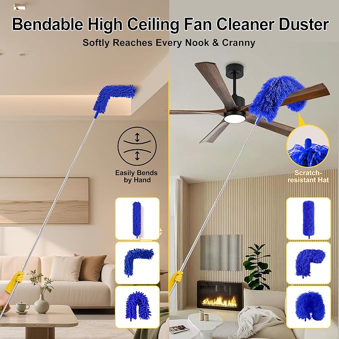 Tiumso Ceiling Fan Cleaner Dusters for Cleaning 6-in-1 Kit, Cobweb Duster with Extension Pole, 100 Inches High Ceiling Fan Blade Cleaners with 5 Reuseable Dusting Heads for Windows and Blinds- Blue
