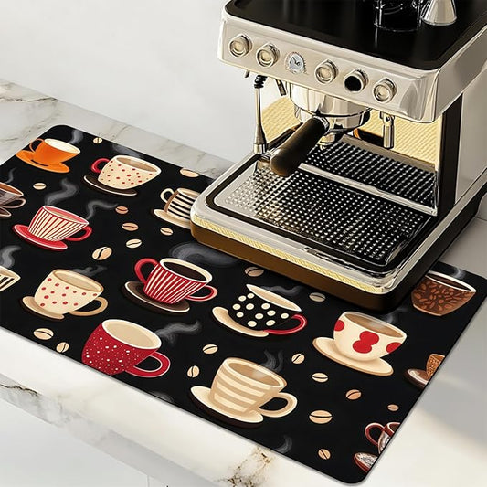 Dish Drying Mat Large Coffee Mat Absorbent Drying Mat for Kitchen Counter Coffee Bar Accessories 32"x 17", Latte Cups 2