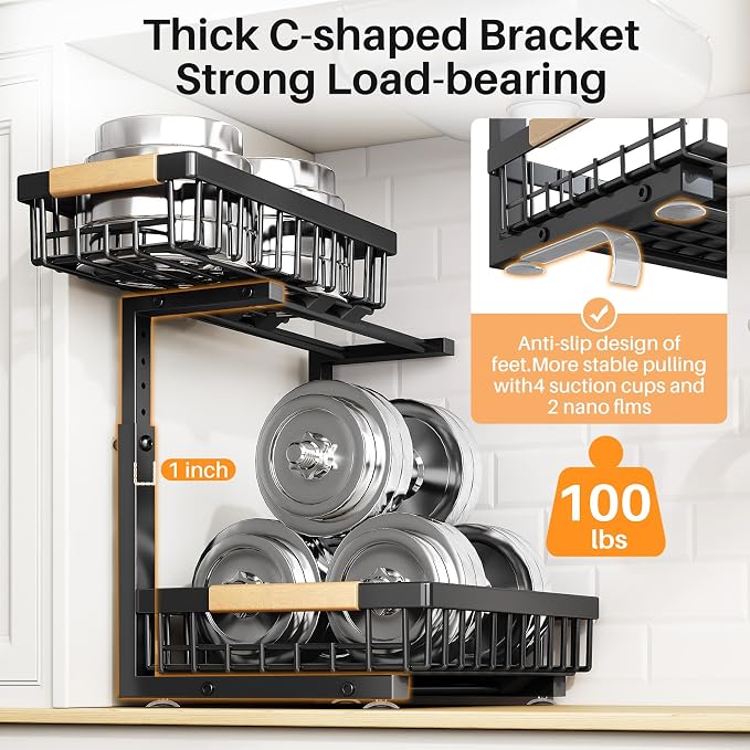 PXRACK Under Sink Organizer, Adjustable Height, 2 Tier Pull Out Under Cabinet Organizer, Slide Out Thickened Metal Under Sink Storage for Kitchen Bathroom Laundry Pantry Cabinet, Black, Small-2-Pack