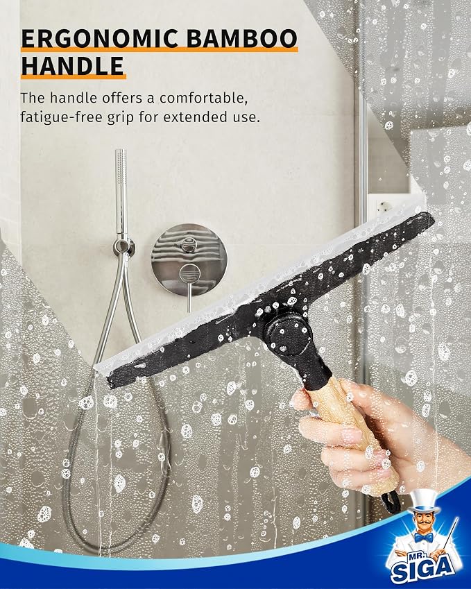 MR.SIGA Silicone Squeegee for Shower Door, Mirror, Glass, 10 inch, Black | Streak free shower squeegee for windows, showers and glass surfaces, pivoting bamboo handle, includes 1 suction hook