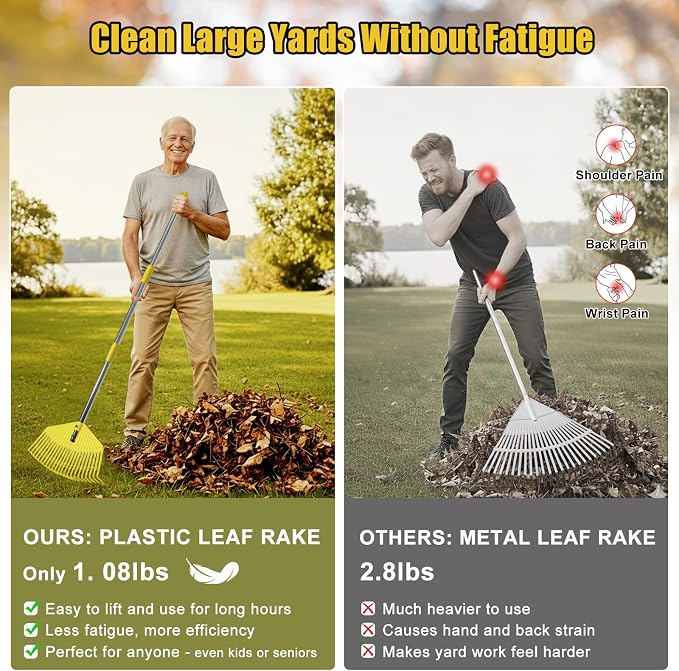 Plastic Leaf Rake for Lawns - Lightweight & Anti-Break Nylon Head, 16.5'' Wide Yard & Garden Rake for Leaves, Grass, Pine Needles, Adjustable Long Handle Easy Use for Women,Seniors,Kids
