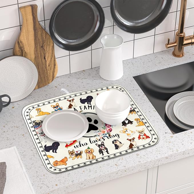 Lovely Dogs Dish Drying Mat Absorbent Printed Drying Pad for Kitchen Counter