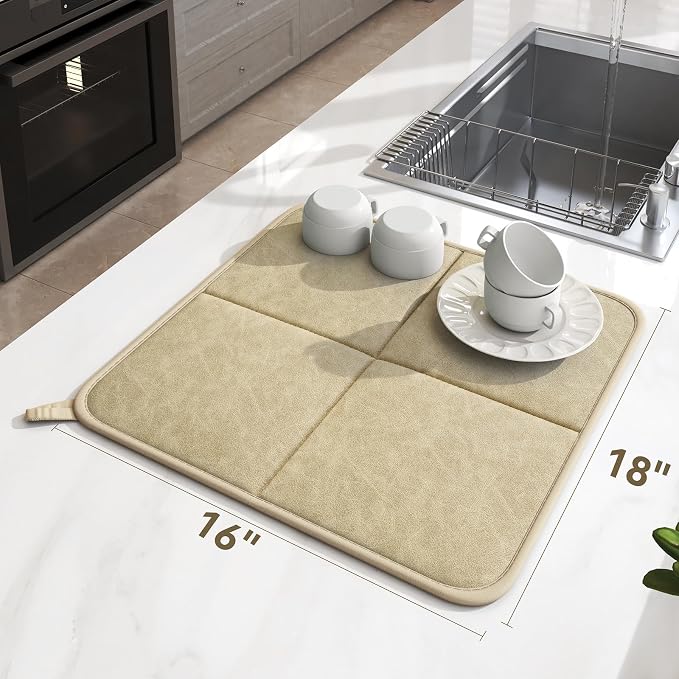 YDKGL 2 Pack PU Leather Dish Drying Mat for Kitchen Counter, Ultra Absorbent & Fast Drying Dish Mat Machine Washable Foldable Drying Pad for Countertops, Sinks, Draining Racks