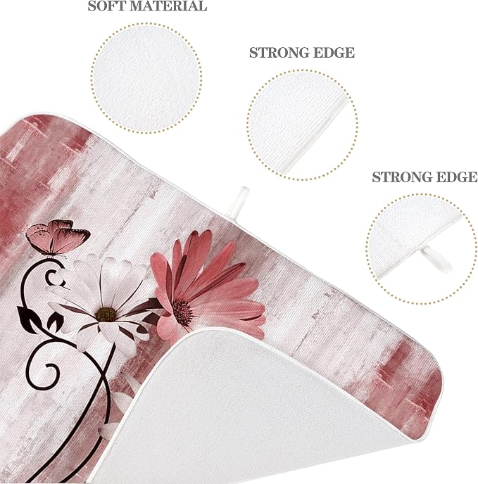 Floral Dish Drying Mat 18x24 Inches For Kitchen Counter Pink Daisy Flower Kitchen Decoration Drying Mat Modern Decorative Drying Pad For Home Kitchen Decor,Dining Room,Office Decoration