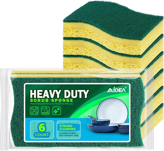 AIDEA Sponges Kitchen, 6Count, Heavy-Duty Scrub Sponges, Sponge for Dishes | Sponges for Non-Coated Cookware, Scrubbing Power for Tough Messes, Cleaning Sponge for Kitchen, Bathroom, Household