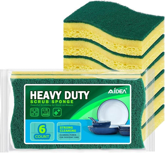 AIDEA Sponges Kitchen, 6Count, Heavy-Duty Scrub Sponges, Sponge for Dishes | Sponges for Non-Coated Cookware, Scrubbing Power for Tough Messes, Cleaning Sponge for Kitchen, Bathroom, Household