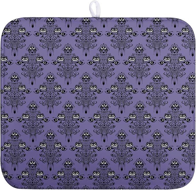 Happy Halloween Dish Drying Mat Haunted Ghosts Drying Mats Purple Spooky Skull Scary Dishes Drying Pad Microfiber Absorbent Reversible Dish Drainer Rack Mat for Kitchen Counter 16x18