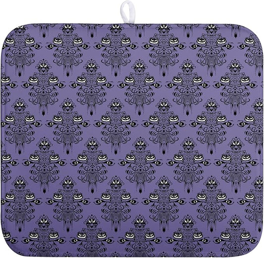 Happy Halloween Dish Drying Mat Haunted Ghosts Drying Mats Purple Spooky Skull Scary Dishes Drying Pad Microfiber Absorbent Reversible Dish Drainer Rack Mat for Kitchen Counter 16x18