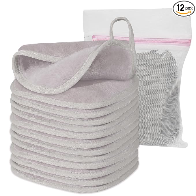 Natwag Makeup Remover Cloth, 6" x 6" Make Up Towels Reusable Face Cloth for Washing Face, 12 Pack Makeup Remover Pads Microfiber Face Washcloth with Mesh Bag, Light Grey