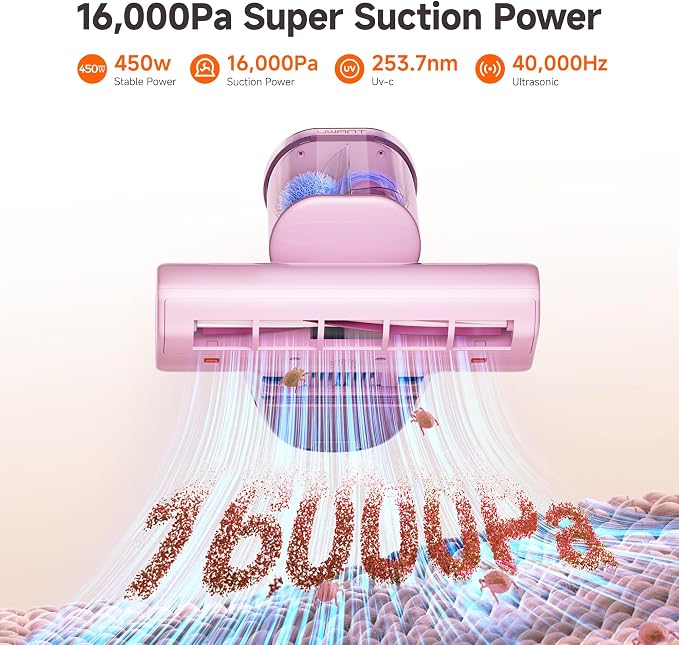 uwant Bed Cleaner with 16Kpa Suction Metal Roller 253.7nm Uv-c Light Mattress Vacuum Cleaner 36000RPM/Min 149℉ Heating HEPA Filter&Ultrasonic Mattress Vacuum for Sofa, Pillow, Bed Throws Set of 1