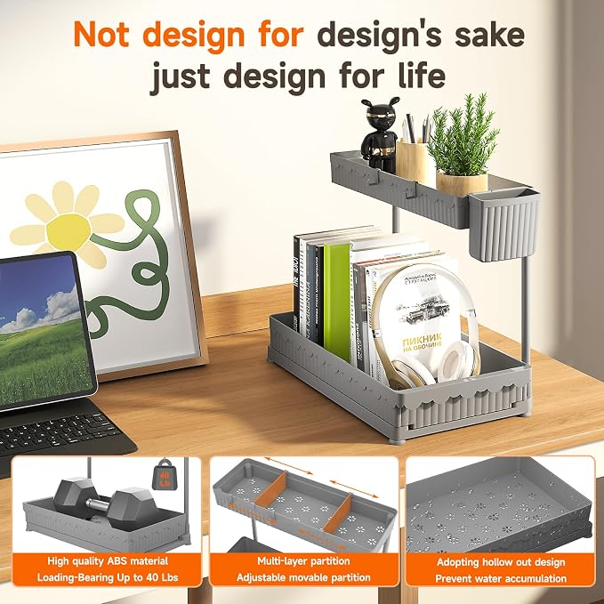 Sevenblue 3 Pack Multi-Purpose Pull-Out Storage Organizers, 2-Tier L-Shaped Under Sink/Cabinet Organizers and Storage for Bathroom & Kitchen,Grey,12.85 Inch