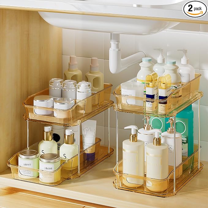 Delamu 2-Tier Under Sink Organizers and Storage, Multi-Purpose Stackable Bathroom Cabinet organizers, Pull Out Kitchen Pantry Organization and Storage with Dividers(2 Pack, Amber)