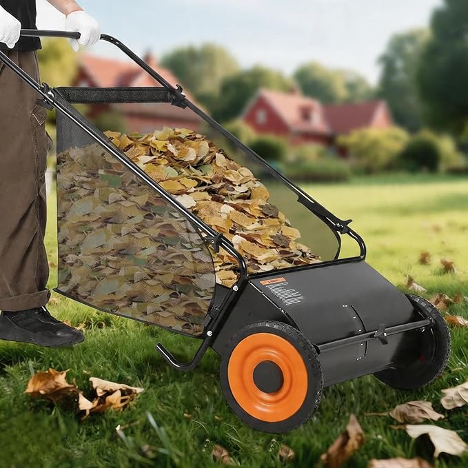 Garvee 26" Push Lawn Sweeper, 7 Cu. Ft. Hopper Capacity Grass Sweeper, Manual Push Yard Sweeper with Height Adjustment & 4 Spinning Brushes, Heavy Duty Lawn Sweeper with Steel Wheels, Black | Manual Push Yard Sweeper with Height Adjustment & 4 Spinning...