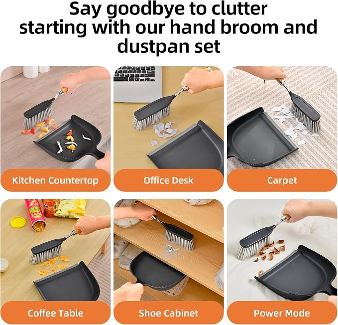 Hand Broom and Dustpan Set with Bamboo and Stainless Steel Handle, PET Bristles, Portable Cleaning Kitchen Countertops, Table Tops,Crumbs,beds,Sofas,Camping,Cars and Animal Cages