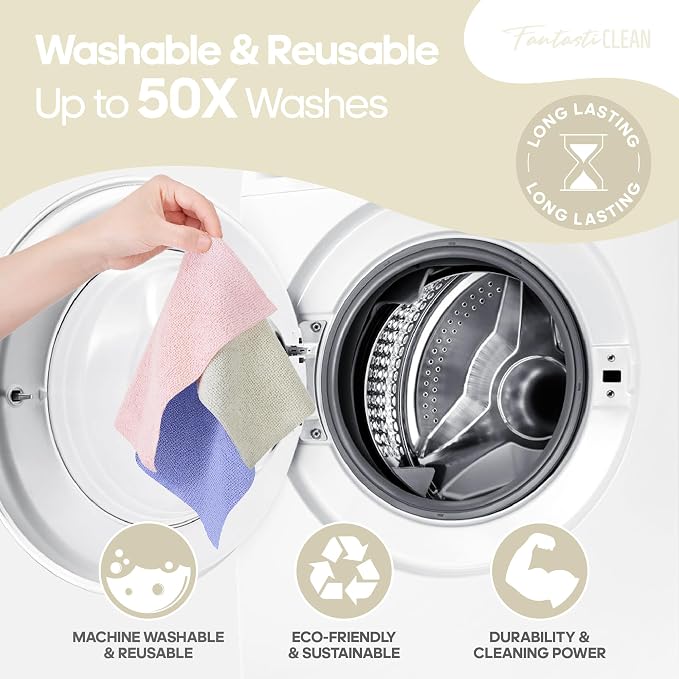 Fantasticlean Microfiber Cleaning Cloth Roll 4 Rolls 240 Pack, Tear Away Paperless Towels, 8" x 8", Reusable Washable Rags, House Kitchen, Pet, Office, Indoor Outdoor, Compact and Portable (Off-White)