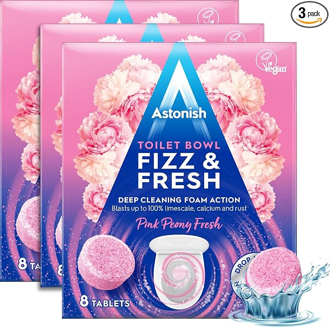 Astonish Foaming Pink Peony Toilet Bowl Cleaner 2 Pack - Deep Cleaning Limescale, Calcium & Rust - No Bottle, Removes Hard Stains (3 Boxes, 24 Tablets)