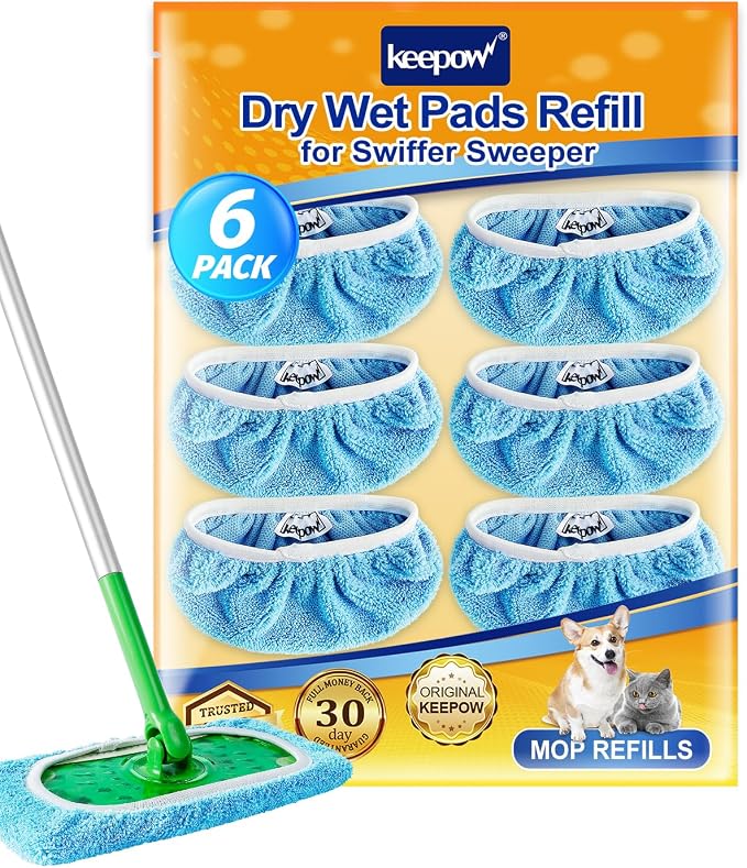 KEEPOW 6 Pack Reusable Mop Pads Compatible with Sweeper Mop, Blue | Premium Microfiber Replacement Pads for Wet & Dry Floor Cleaning, with Mesh Laundry Bag