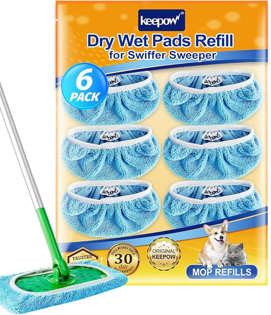 KEEPOW 6 Pack Reusable Mop Pads Compatible with Sweeper Mop, Blue | Premium Microfiber Replacement Pads for Wet & Dry Floor Cleaning, with Mesh Laundry Bag