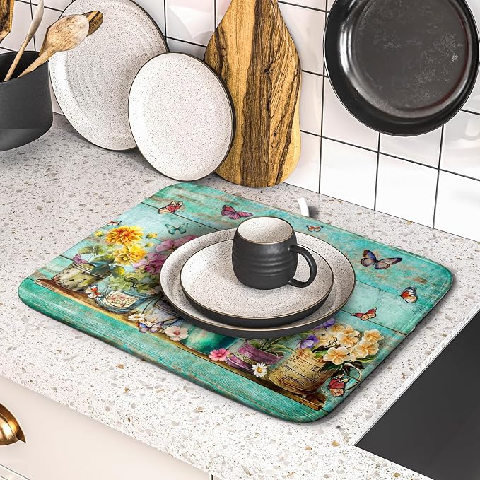 Flower Dish Drying Mat for Kitchen Counter 16x18 Inch Rustic Vintage Microfiber Absorbent Dishes Drainer Mats