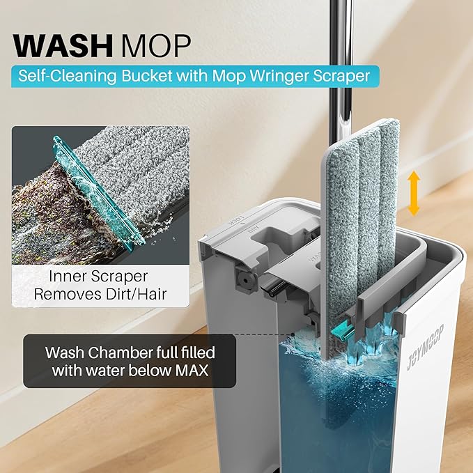 JOYMOOP Flat Mop System, Microfiber Mop and Bucket Set, Black, Hands-Free Self-Cleaning Mop for Household & Commercial Floor Cleaning, Suitable for Hardwood, Tile, Laminate and Vinyl Floors