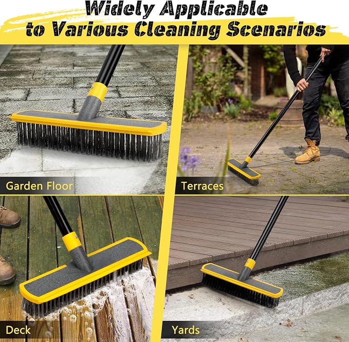 2 in 1 Stainless Steel Wire Brush Heavy Duty Floor Deck Scrub | 60" Long Handle Outdoor Push Broom for Moss Removal/Concrete/Patio/Deck/Garden/Pool/Floor Cleaning|Yellow