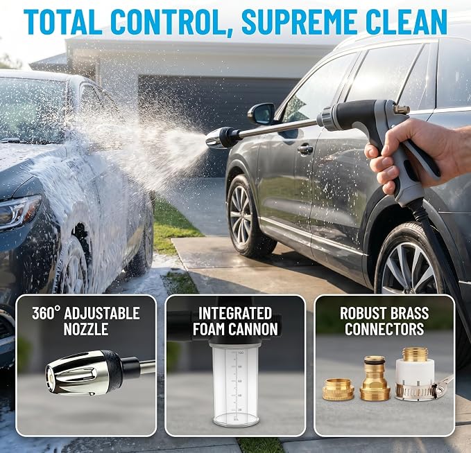 High Pressure Hose Nozzle with 4 Spray Modes, Adjustable Water Spray Gun, Metal Garden Hose Sprayer for Car Wash, Plant Watering, Patio & Outdoor Cleaning (Sprayer Kit with 3 Connectors & Foam Cannon)