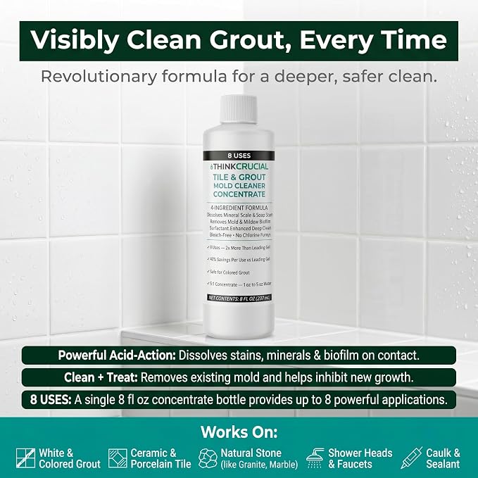 Think Crucial 8-Use Tile, Grout & Caulk Cleaner Concentrate, Bleach Free, Citric Acid, 8 fl oz