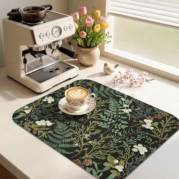 Boho Dish Drying Mat for Kitchen Counter,Botanical Fern Plant Floral Black Farmhouse Absorbent Microfiber Reusable Washable Non-Slip Dish Drainer Draining Mats Dishes Pad for Kitchen Decor 18x16 Inch