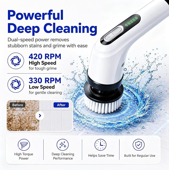 Highyes Electric Spin Scrubber for Bathroom | IPX7 Waterproof Shower Scrubber with Extendable Long Handle，Bathroom Cleaning Scrubber with 7 Reusable Brush Heads