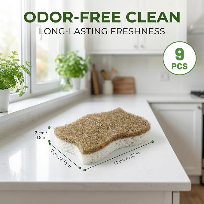 9 Pack Kickleen Biodegradable Natural Kitchen Sponges - Compostable Cellulose and Coconut Walnut Scrubber Sponge - Eco Friendly Sustainable Sponges for Dishes (9 Pack)