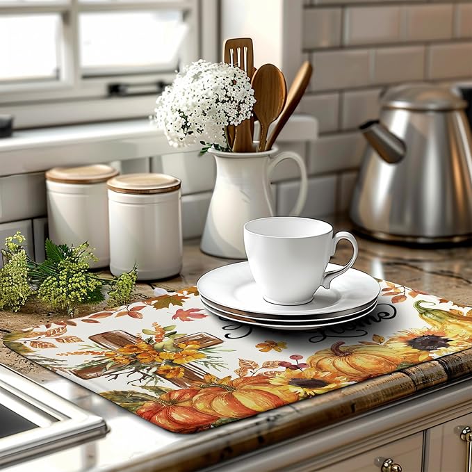 Fall Drying Mat for Kitchen Counter Autumn Thanksgiving Pumpkin Cross Dish Mat Sunflower Maple Leaf Absorbent Microfiber Dish Draining Mat Reusable Dishes Pad Extra Large 18"x24"