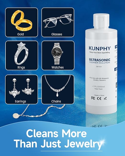 KUNPHY Ultrasonic Jewelry Cleaner Solution for Gold, Silver, Platinum 1.7 oz | Concentrated; for All Ultrasonic Machines; Removes Residue & Grime; Gentle Formula for Non-Porous Stones & Metals