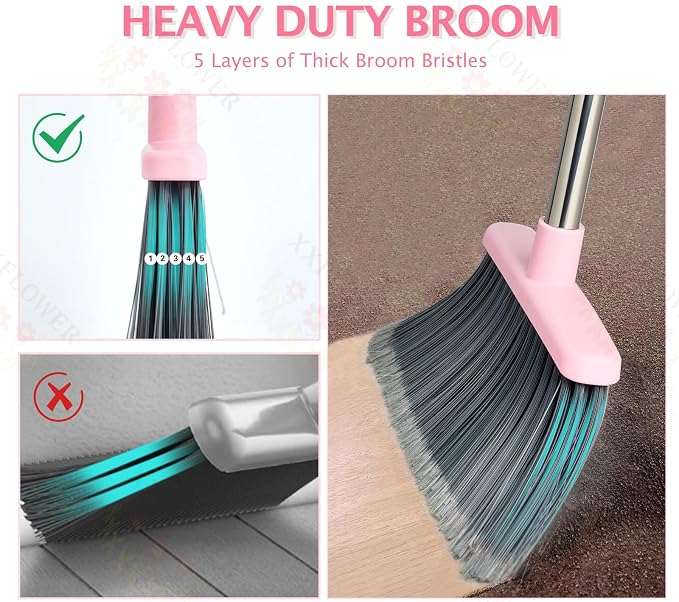 Broom and Dustpan Combo Set,51" Long Handle,Gray Pink | Heavy Dust, Dustpans with Broom Combo for Home, Kitchen, Office, Classroom,Apartment, Pet Hair