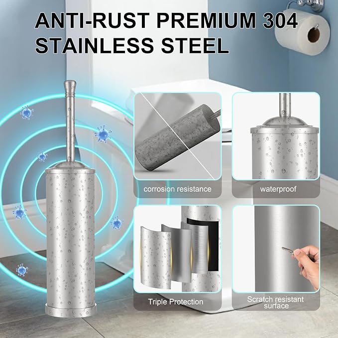 Stainless Steel Toilet Brush and Holder Set,Extra Long Handled Toilet Brush for Bathroom,Heavy Duty Toilet Bowl Brush,Modern Toilet Cleaner Brush, Splash Protection,Deep Cleaning (Nickel)