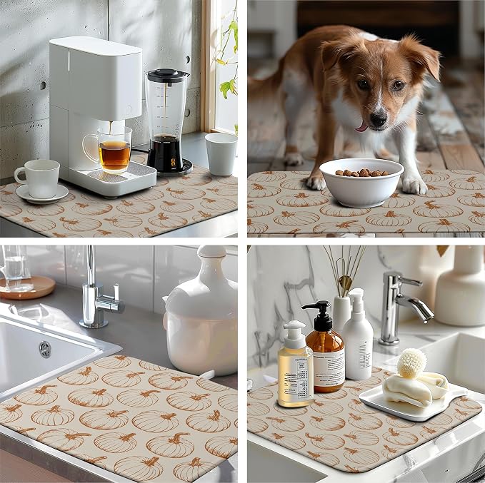 Fall Pumpkin Dish Drying Mat for Kitchen Counter Burnt Orange Autumn Thanksgiving Dish Mat Absorbent Microfiber Kitchen Countertop Protector Dishes Drying Pad Large Drying Mats 18x24 Inch