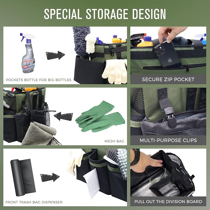 SCAVATA Wearable Cleaning Caddy Organizer with Handle & Shoulder Straps for Housekeepers, Under Sink & Car Cleaning Tool Organizer Bag with 4 Foldable Dividers (Green)