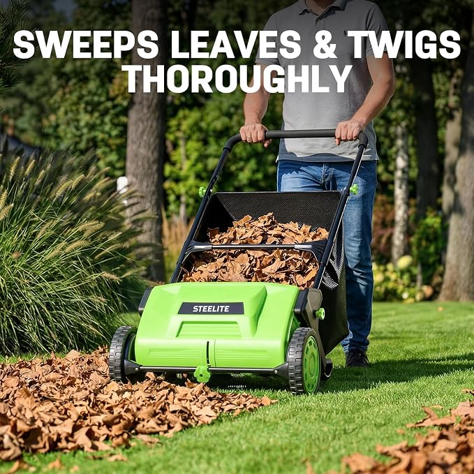 STEELITE 21inch Leaf & Grass Collector, Push Lawn Sweeper for Grass Clippings, Leaves & Debris, Manual Push Yard Sweeper with Height Adjustment & Large Collection Hopper