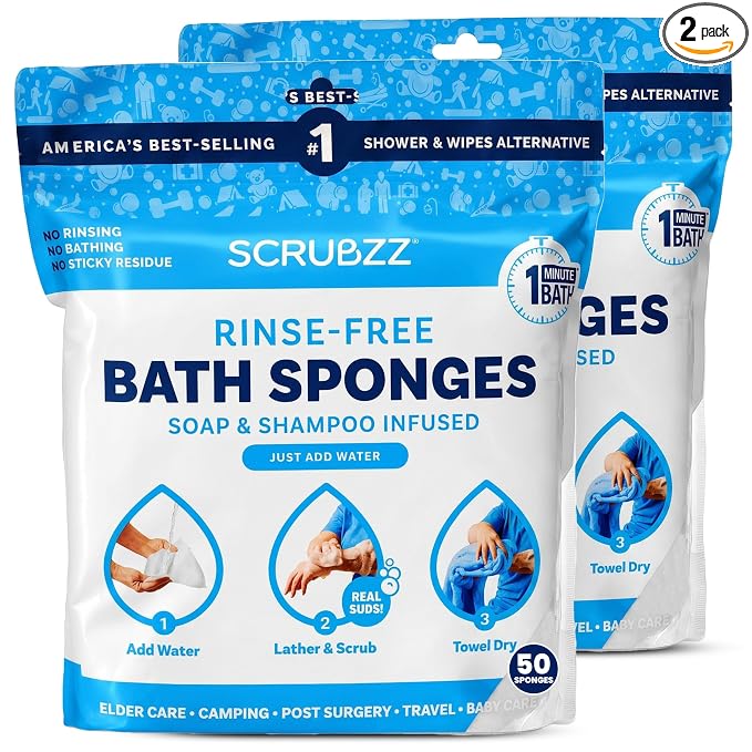Scrubzz Disposable No Rinse Bathing Wipes - All-in-1 Single Use Shower Wipes, Simply Dampen, Lather, and Dry Without Shampoo or Rinsing (Unscented, 2-Pack)