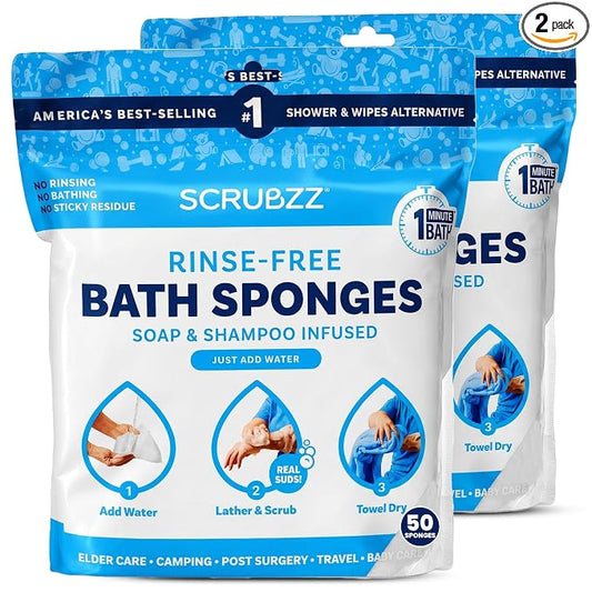 Scrubzz Disposable No Rinse Bathing Wipes - All-in-1 Single Use Shower Wipes, Simply Dampen, Lather, and Dry Without Shampoo or Rinsing (Unscented, 2-Pack)