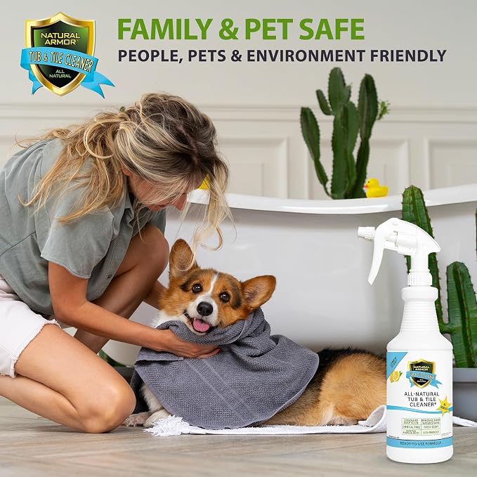Natural Armor Tub & Tile Cleaner Spray - Daily No-Rinse Bathroom Cleaner w/Peppermint Scent for Shower Glass, Tile, Grout & Tubs - Plant-Based Formula Safe for People & Pets (32 fl oz Quart)